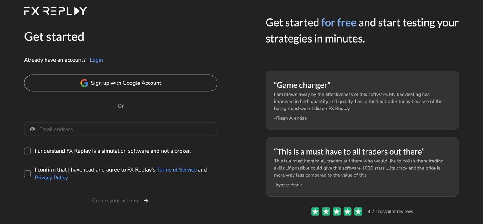 2. FX Replay Sign Up Page